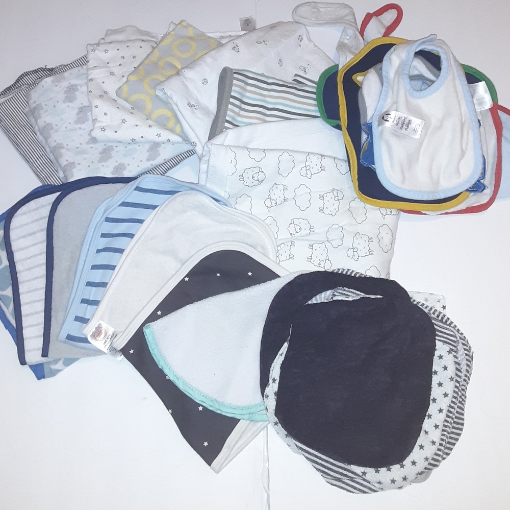 Lot of recieving blankets, wash cloths and bibs